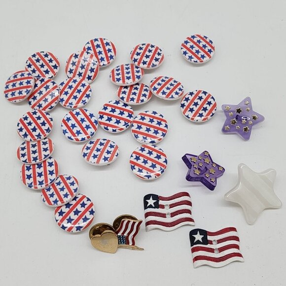 Patriotic Button & Pin Lot of 29Stars Stripes Purple White Gold Accents Crafts - Picture 1 of 5